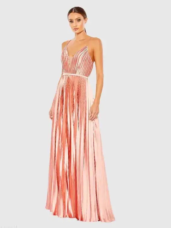 Ieena 1 For Mac Duggal 49039 Metallic Rose Gold Pleated Evening Gown